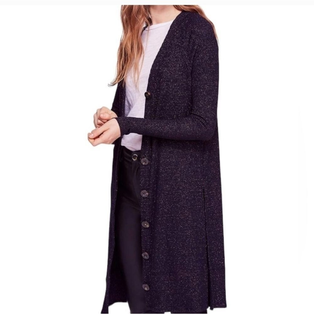 Free People We The Free Navy Blue Sparkly Glitter Duster Button Sweater